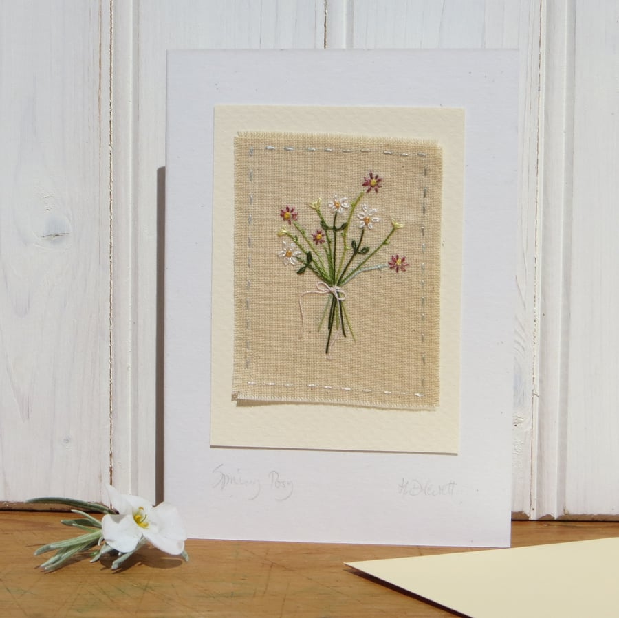 Small card,hand embroidered posy of flowers, delicate, detailed, freely stitched