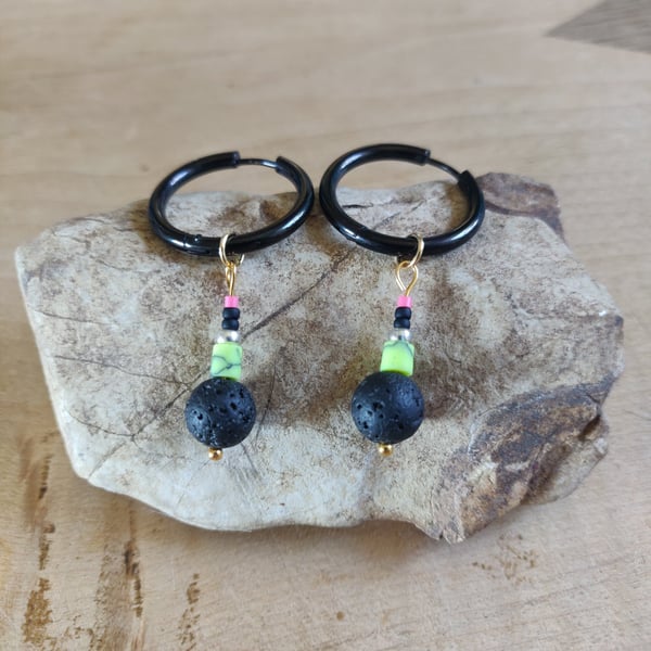 Funky bead earrings with stainless steel huggie hoops