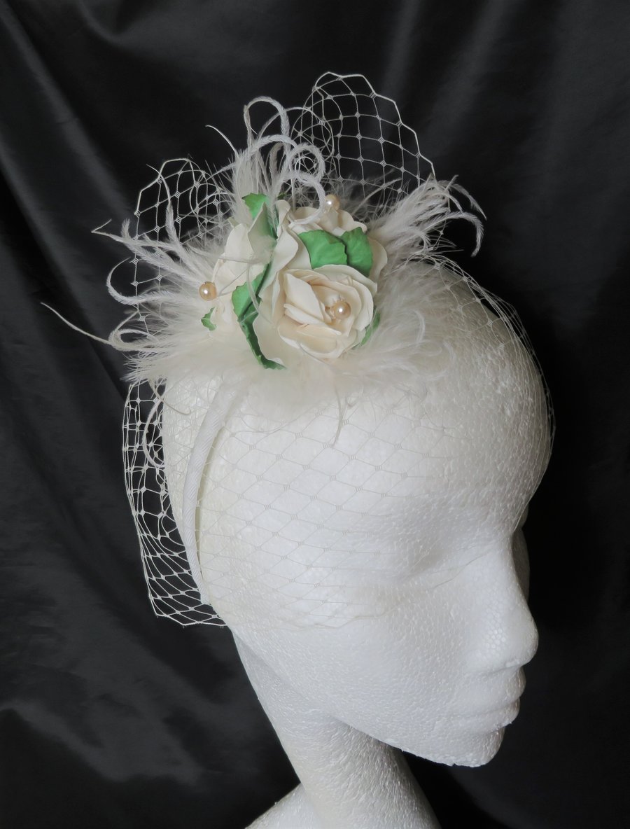Small Ivory Rose Feather and Veil Mini Bridal Wedding Fascinator Headband