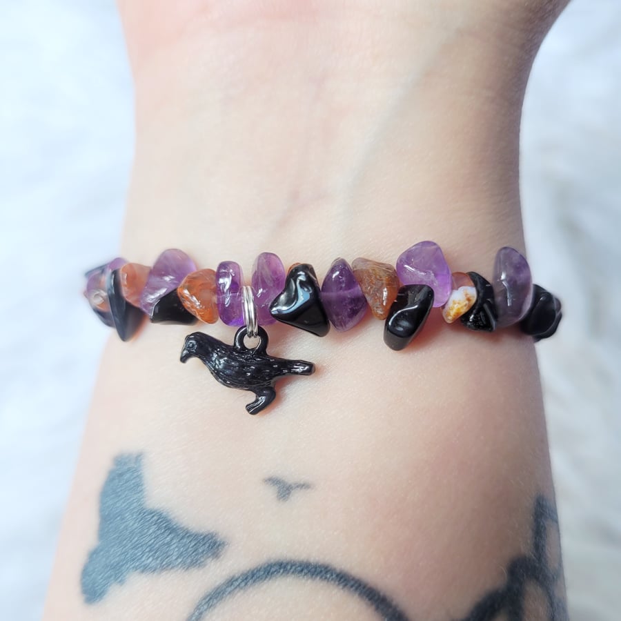 Pagan Crow Raven Handmade Bracelet with Amethyst, Carnelian & Obsidian