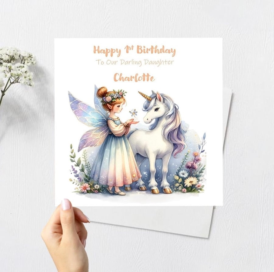 Personalised Fairy and Unicorn Birthday Card For Girl Happy Birthday