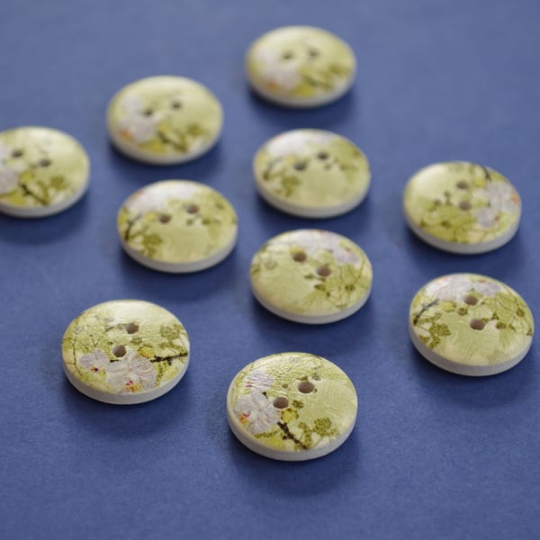 15mm Wooden Floral Buttons Green Grey White 10pk Flowers (SF7)
