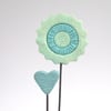SALE - Clay painted flower and heart on wooden block 'grow'