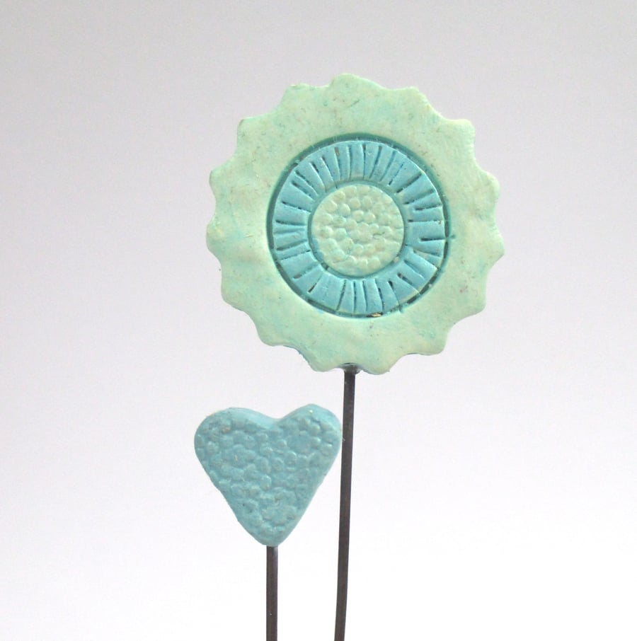 SALE - Clay painted flower and heart on wooden block 'grow'