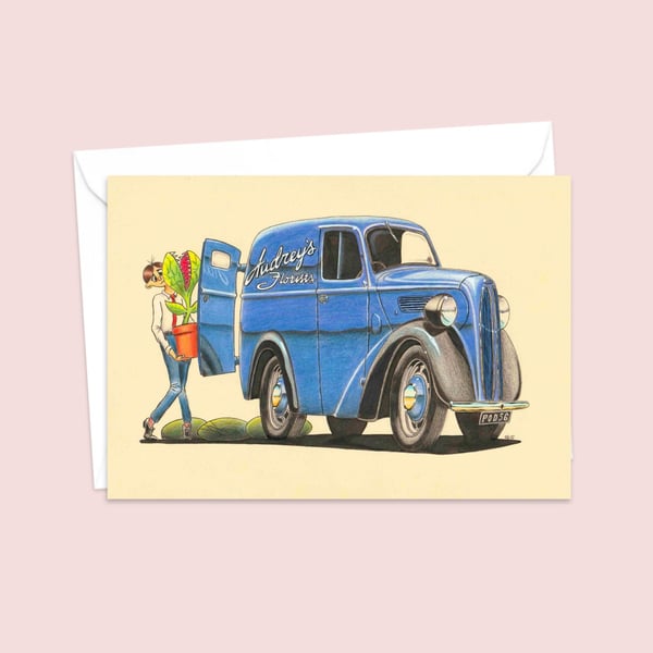 Florist Van Greeting Card: Hand Drawn Pencil Illustration (320)
