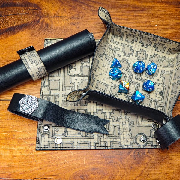 Canvas Map Dice and Leather Dice Tray with Scroll Strap