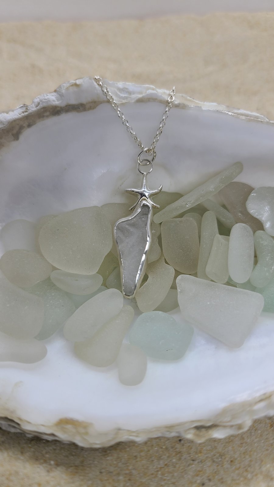 Light grey sea glass and silver starfish pendant P4