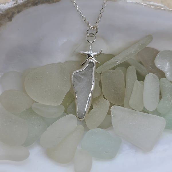 Light grey sea glass and silver starfish pendant P4
