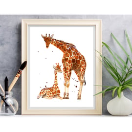 Mother and Baby Watercolour Giraffe Print - adorable frame ready print 8x10 inch