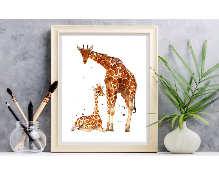 Mother and Baby Watercolour Giraffe Print - adorable frame ready print 8x10 inch