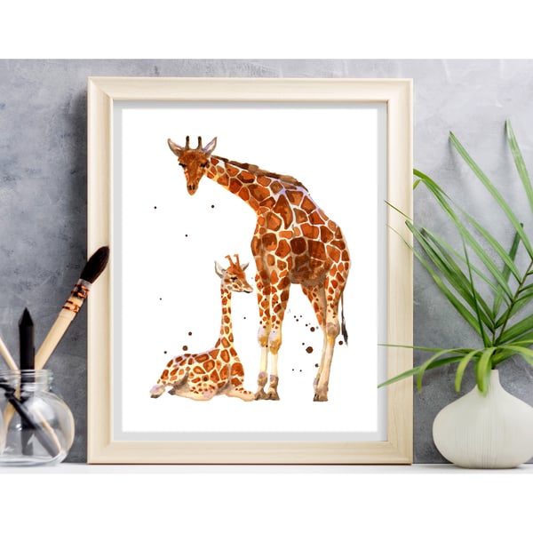 Mother and Baby Watercolour Giraffe Print - adorable frame ready print 8x10 inch