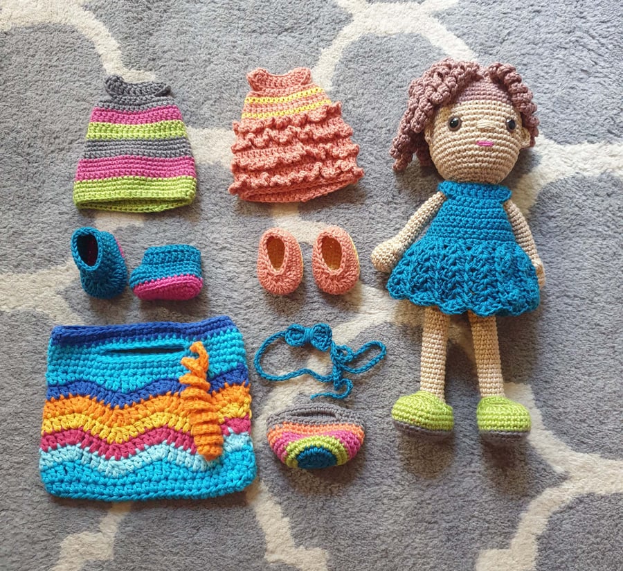 Crochet Doll with clothes and shoes for dressing up