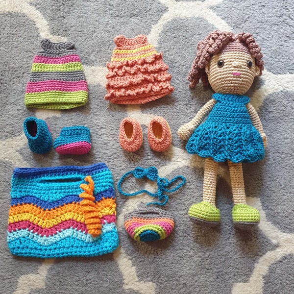 Crochet Doll with clothes and shoes for dressing up