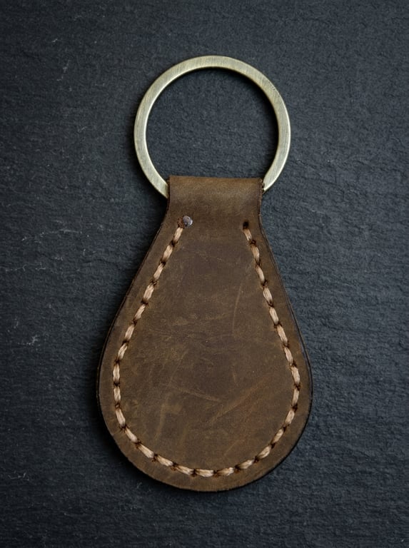 Rustic Brown Full Grain Leather Teardrop Key Fob Saddle Stitched UK