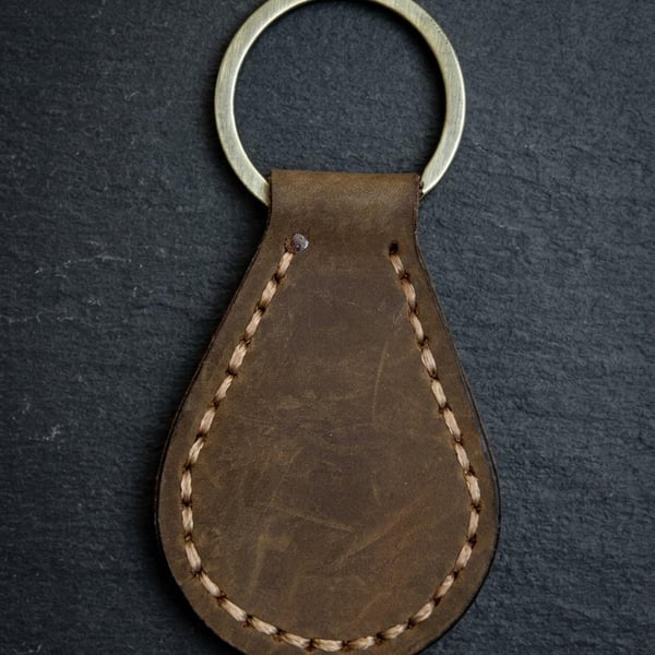 Rustic Brown Full Grain Leather Teardrop Key Fob Saddle Stitched UK