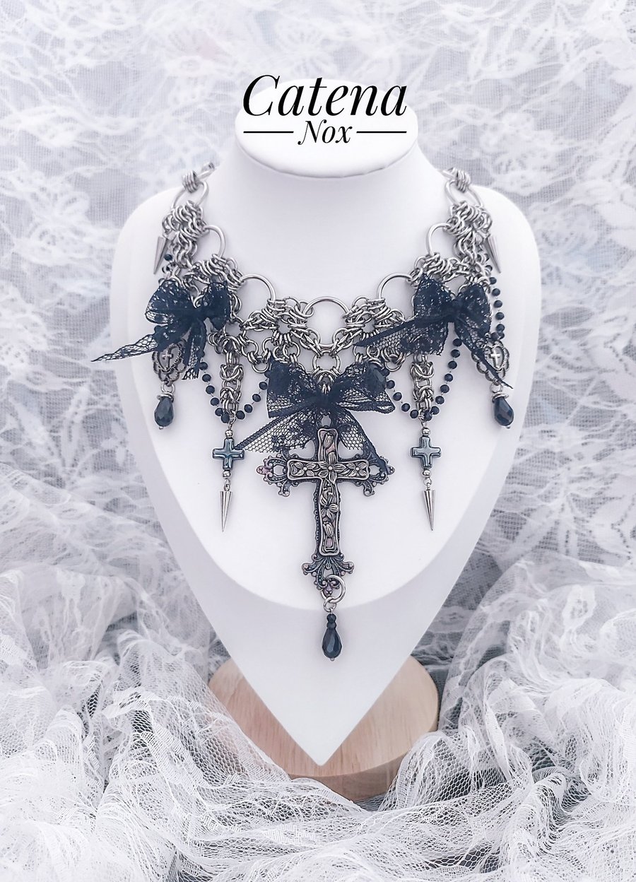 Chainmaile Gothic Layered Necklace with Black Bows, Cross, Spikes and Beads