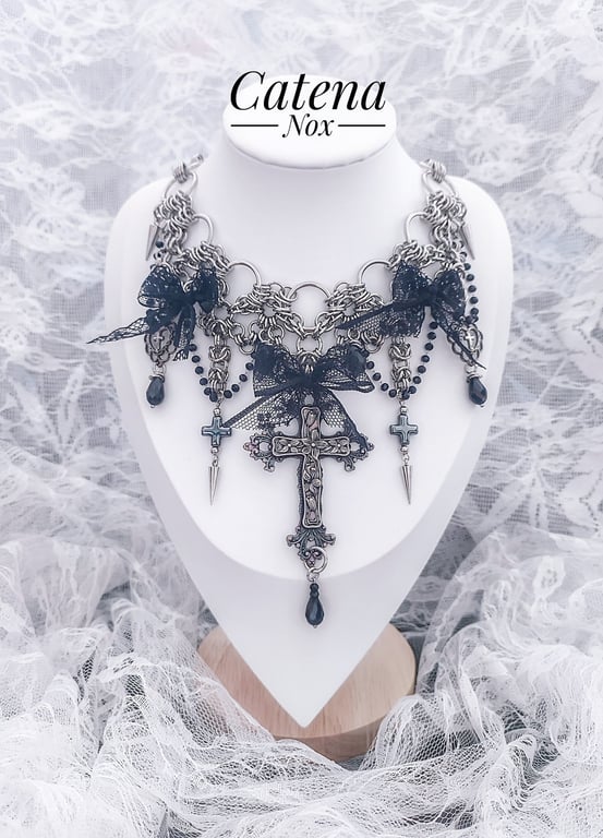 Chainmaile Gothic Layered Necklace with Black Bows, Cross, Spikes and Beads