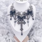 Chainmaile Gothic Layered Necklace with Black Bows, Cross, Spikes and Beads