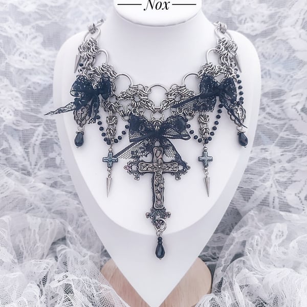 Chainmaile Gothic Layered Necklace with Black Bows, Cross, Spikes and Beads