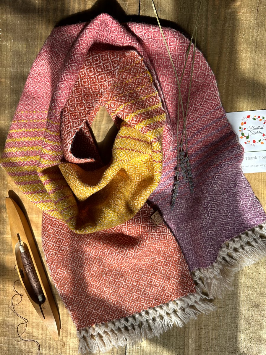 British Wool Hand Dyed & Woven Scarf in Graduating Rust to Lilac Diamond Weave