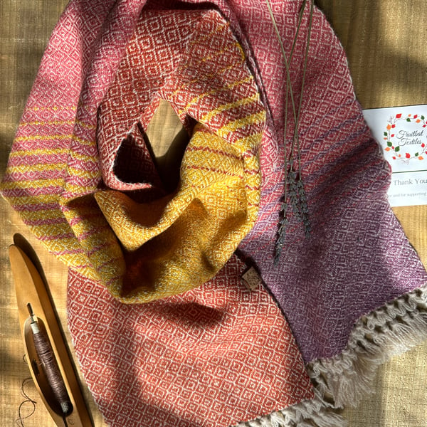 British Wool Hand Dyed & Woven Scarf in Graduating Rust to Lilac Diamond Weave
