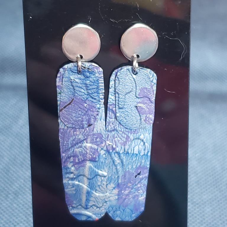 Blue and Purple Swirls Recycled Soda-Can Tin Stud Drop Earrings 