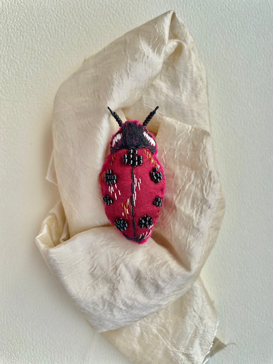 Ladybird brooch, Red silk felt embroidered insect pin, Gift for her