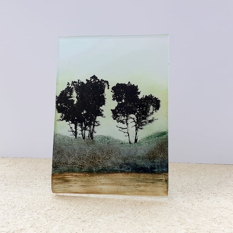 Hand painted enamel on glass landscape self-standing panel, trees 2