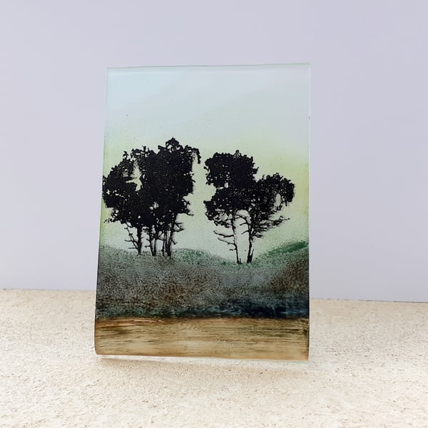 Hand painted enamel on glass landscape self-standing panel, trees 2