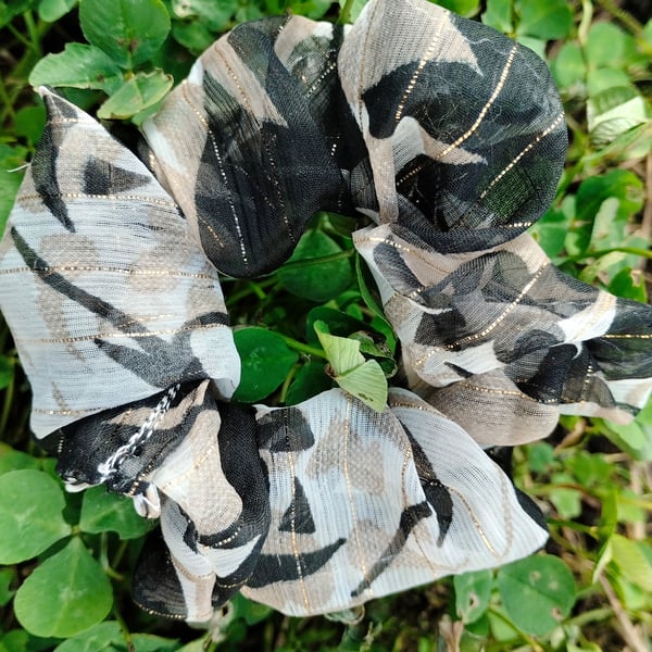 Upcycled grey, black and beige scrunchie with gold stripes