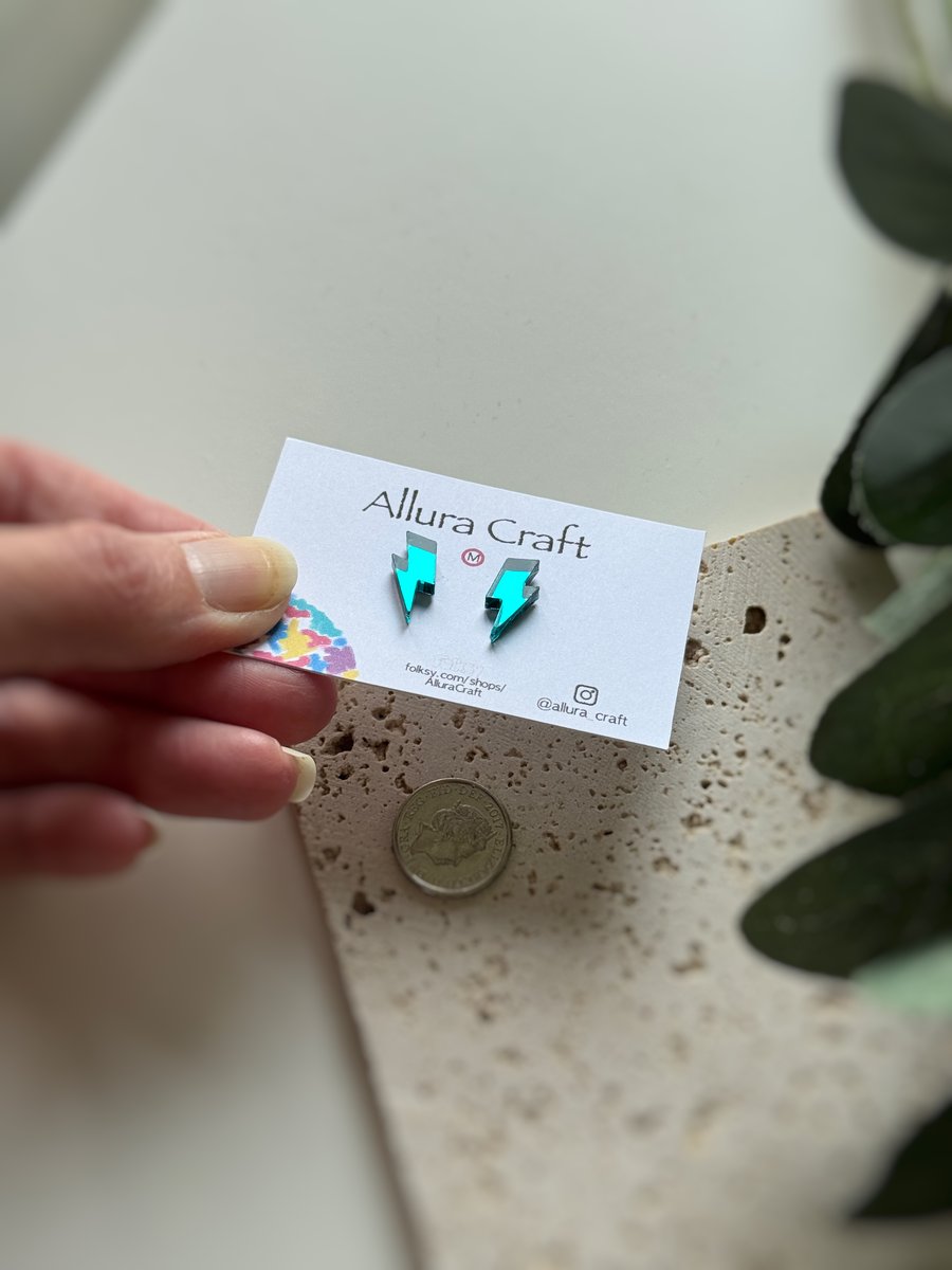 Lightning Bolt Mini Earrings - Mirror Teal