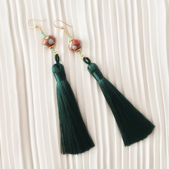 Green Silk Tassel earrings - Long