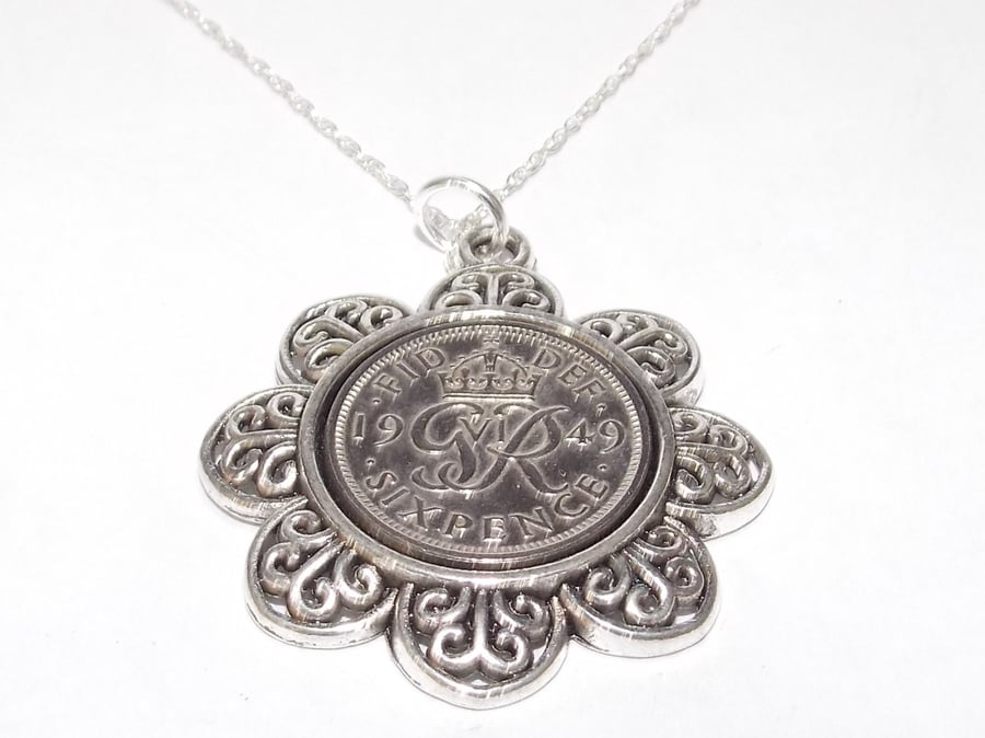 Floral Pendant 1949 Lucky sixpence 72nd Birthday plus a Sterling Silver 18in Cha