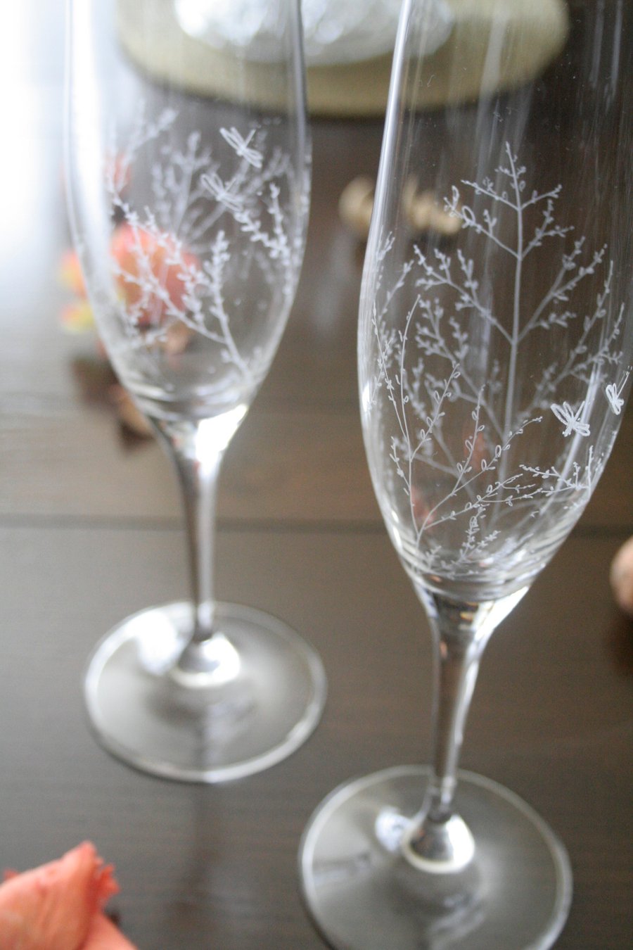 Pair of Hand Engraved Bohemia Crystal Champagne Glasses