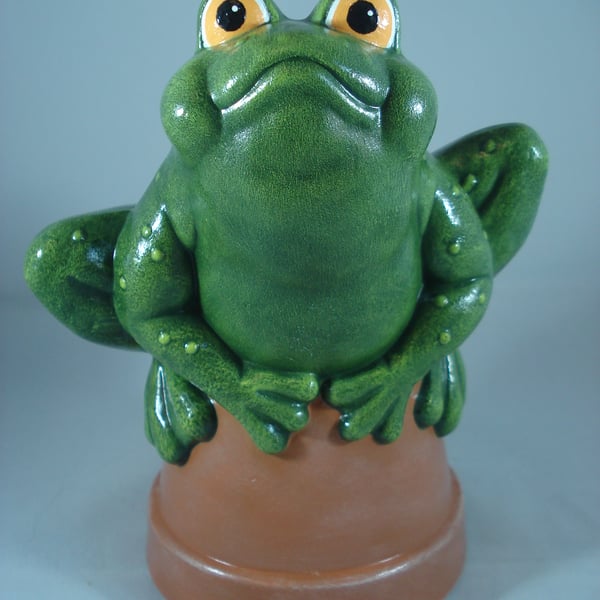 Ceramic Hand Painted Green Frog Animal Terracotta Plant Pot Garden Ornament.