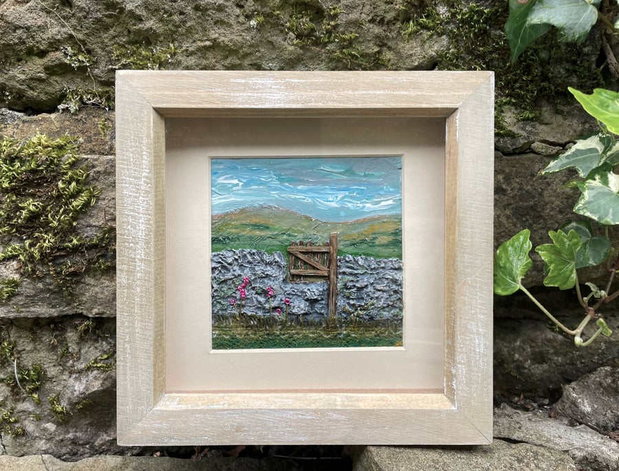 high gate with foxgloves: mixed media