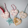 Seconds Sunday Hand Stamped Wooden Heart Hanging Decorations