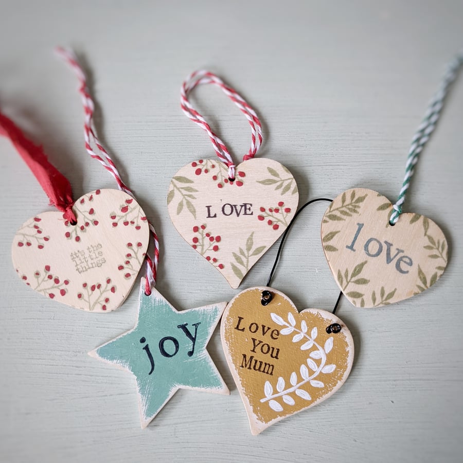 Seconds Sunday Hand Stamped Wooden Heart Hanging Decorations
