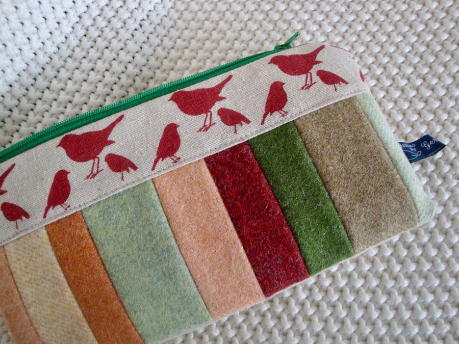 Tweed and Bird Linen Pencil Case - Bits and Bobs Pouch 