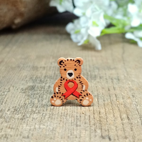 Heart Disease Awareness Bear Pin, Handmade Red Ribbon Tiny Teddy Brooch