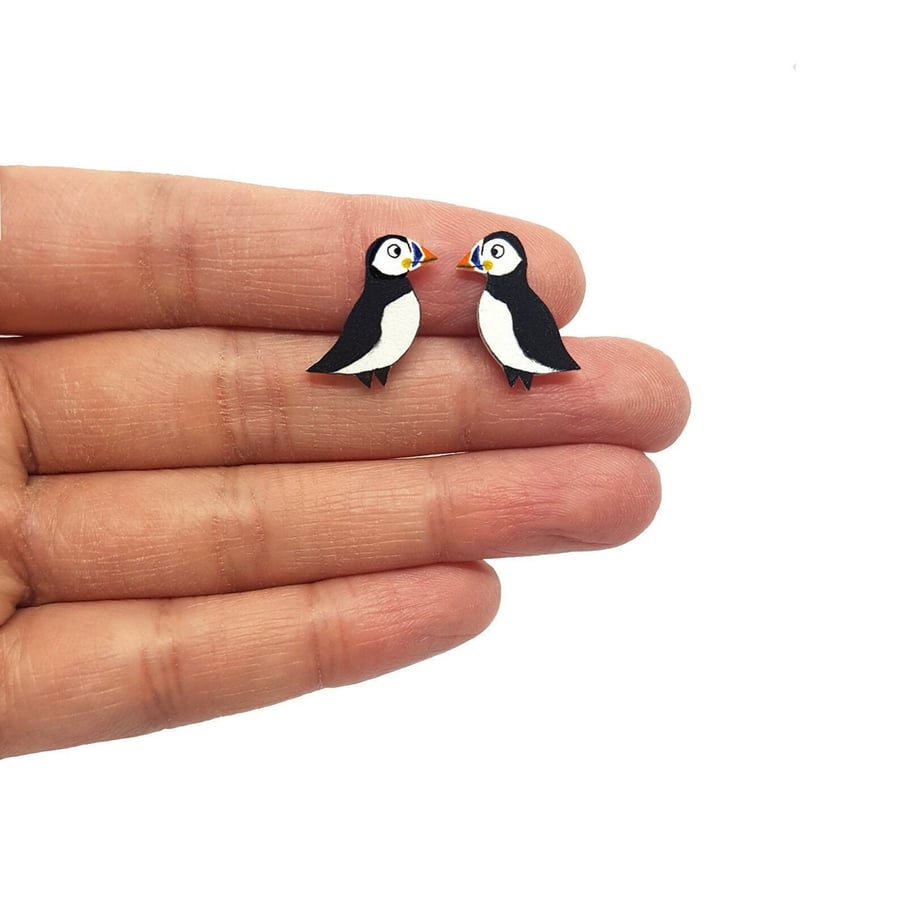 Puffin Stud Earrings - Handpainted - Bird Earrings