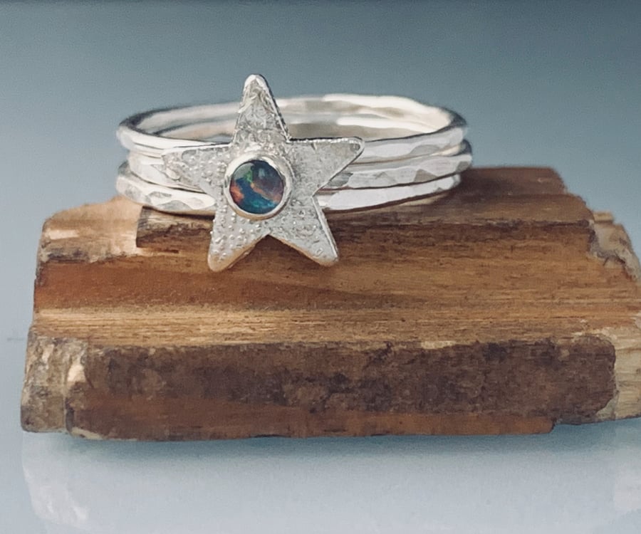 Recycled Sterling Silver Star Opal Skinny rings