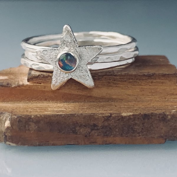 Recycled Sterling Silver Star Opal Skinny rings