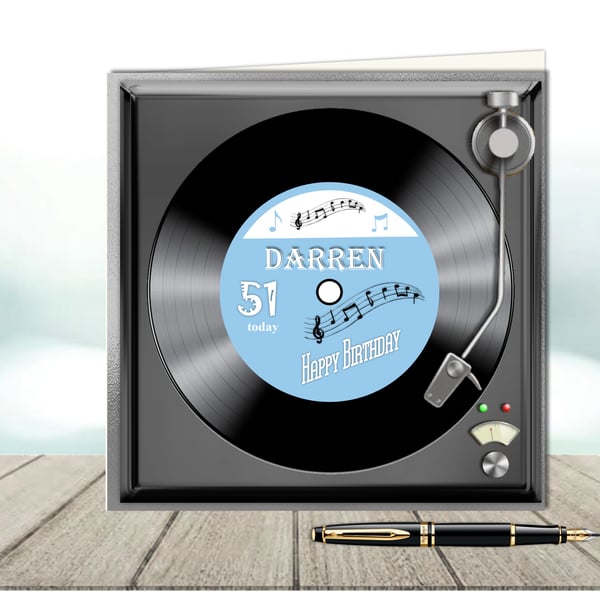Personalised Vinyl Record on turntable birthday card with pale blue label 