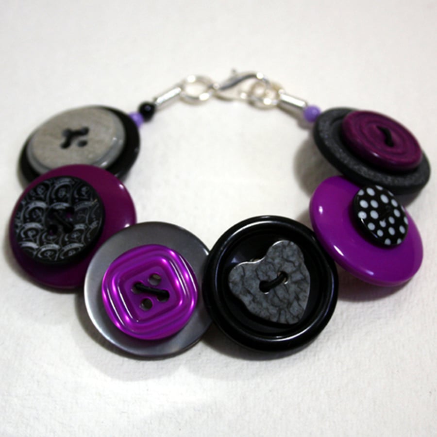 Purple, Black and Grey/Gray button bracelet FREE UK SHIPPING