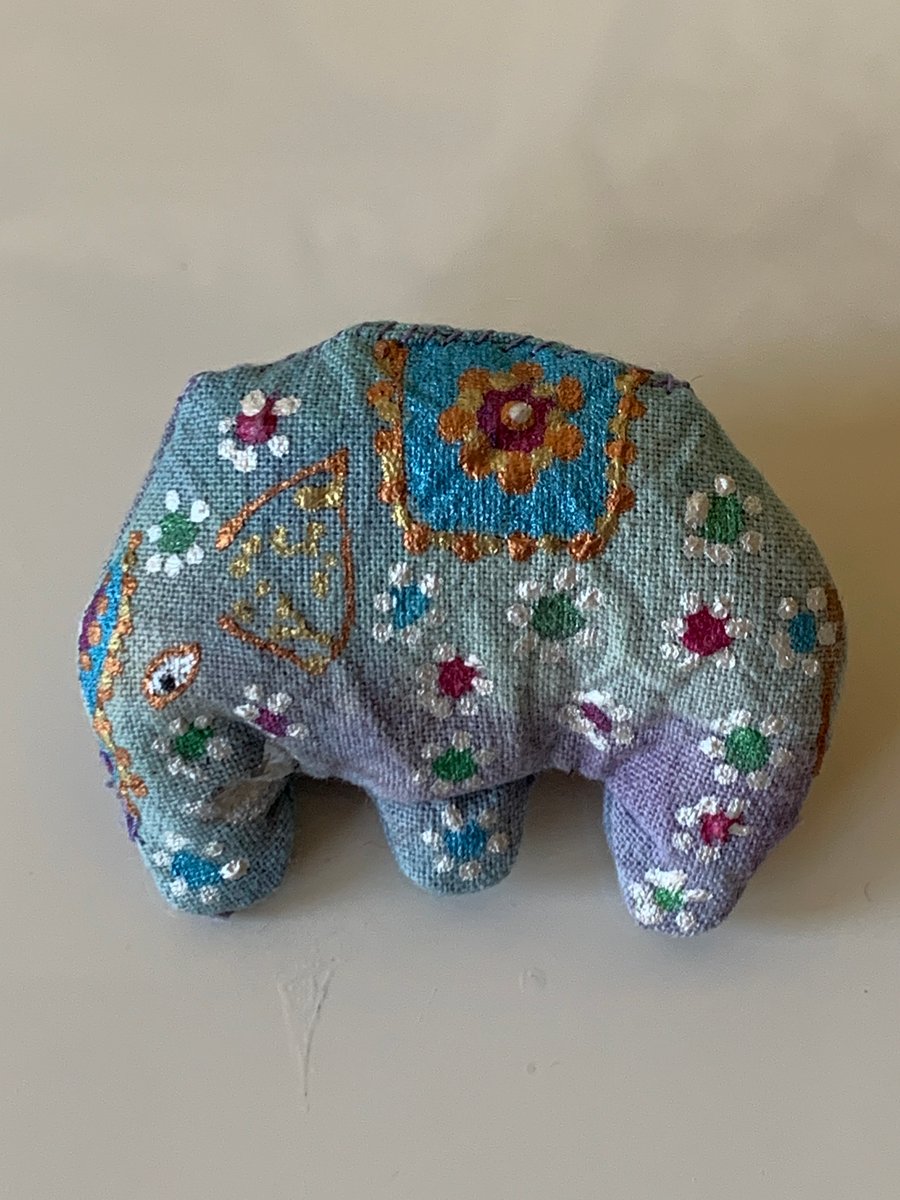 Handmade and hand painted fabric pin brooches with Blue Elephant design 