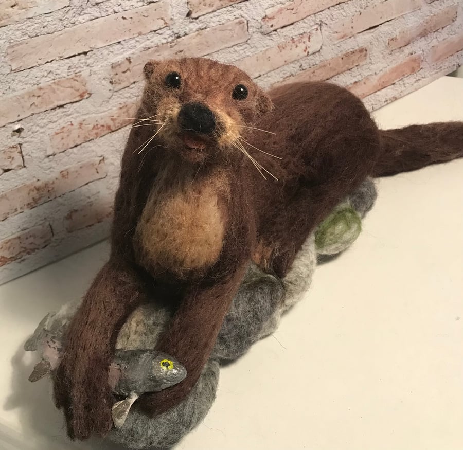Otter with fish needle felting soft sculpture 