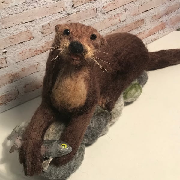 Otter with fish needle felting soft sculpture 