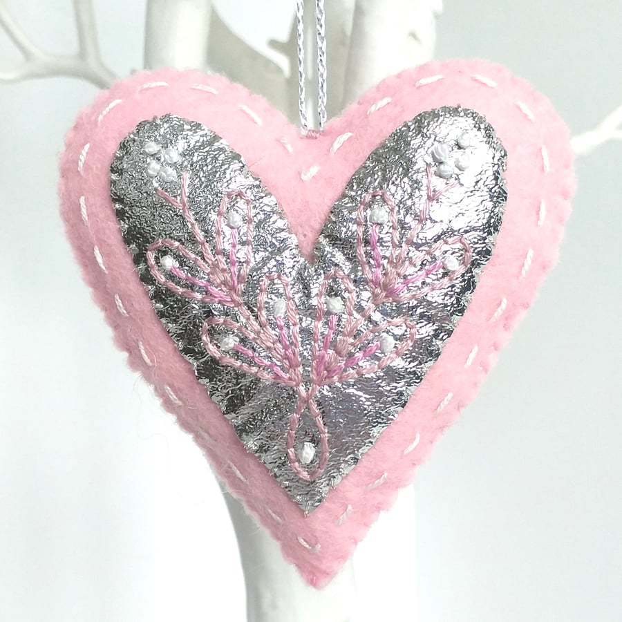 Wool Felt Heart, Embroidered Heart Ornament