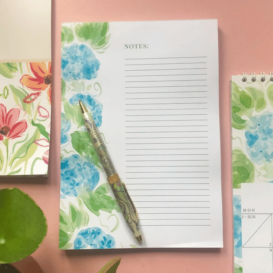 A5 Blue Flower Notepad, Hydrangea Art, Eco Friendly Stationery